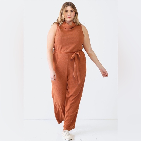 NWT-Plus Size Ribbed Sleeveless Turtle Neck Belted Jumpsuit - Picture 1 of 6